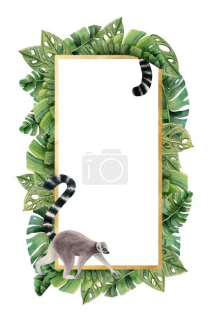 Photo for Summer tropical palm leaves and lemur monkey with long tail vertical frame template with copy space for text. Hand drawn watercolor illustration isolated on white background for cards and labels. - Royalty Free Image