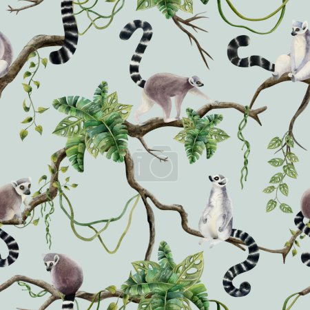 Photo for Lemurs monkeys on jungle trees with tropical leaves and vines watercolor seamless pattern on pastel green background with African cute tropical animals on branches. - Royalty Free Image