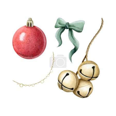 Photo for Christmas ornaments watercolor illustration set isolated on white with red ball, green bow, glowing garland and jingle bells for winter holidays design and New Year greeting cards. - Royalty Free Image