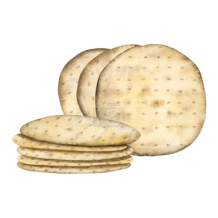 Photo for Round Passover matzah bread in stacks watercolor illustration isolated on white background. Traditional Pesach kosher food, hand drawn Jewish matzos for holiday designs. - Royalty Free Image