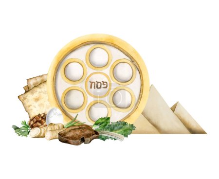 Photo for Passover seder plate with matzah and traditional holiday food watercolor illustration isolated on white. Jewish holiday template with Egyptian pyramids for Exodus designs. - Royalty Free Image