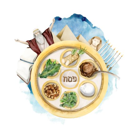 Passover Exodus story with seder plate and holiday food watercolor illustration isolated on white. Moses, pyramids and Red sea Haggadah design for greeting card.
