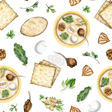 Photo for Passover traditional kosher food with seder plate watercolor seamless pattern on white with matzos for Jewish holiday designs, wrapping paper and tablecloths. - Royalty Free Image
