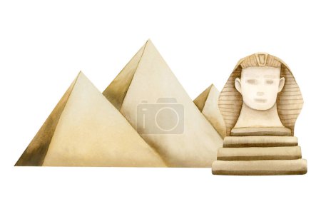 Photo for Egyptian Giza pyramids with statue of Sphinx watercolor illustration isolated on white background in minimalist simple style for Egypt tourism and travel designs or Passover Haggadah decor. - Royalty Free Image