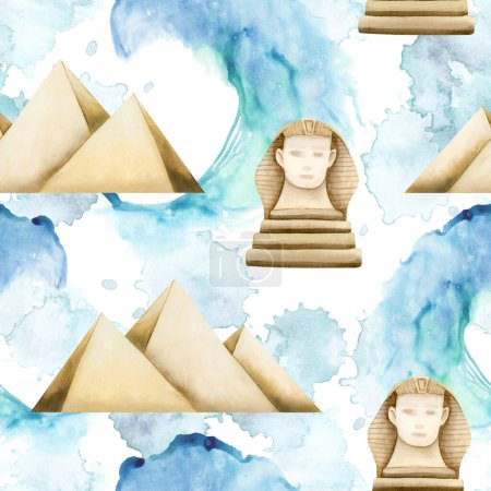 Egypt pyramids, statue of Sphinx and Red sea waves watercolor seamless pattern on white background for Egyptian tourism designs, Passover Exodus illustration for Haggadah story.