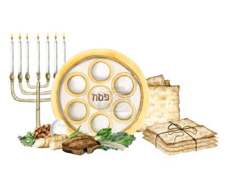 Photo for Passover greeting card template with seder plate, traditional food, menorah and matzah watercolor illustration isolated on white background for Pesach Jewish holiday. - Royalty Free Image