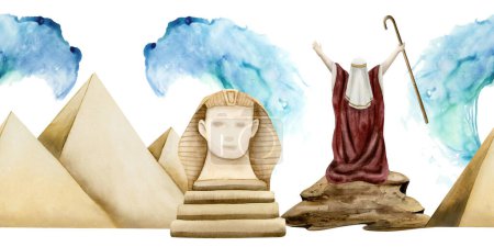 Photo for Exodus seamless border with Moses separating Red sea with Egypt pyramids and statue of Sphinx watercolor background on white for Passover Haggadah story greeting banners. - Royalty Free Image