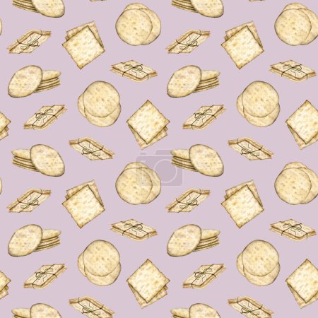 Photo for Round and square matzah Passover bread watercolor seamless pattern on pastel pink background for the Jewish Pesach holiday with traditional kosher food. - Royalty Free Image