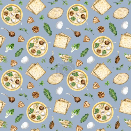 Passover kosher food with seder plate and matzah watercolor seamless pattern on pastel blue background for Jewish holiday designs, wrapping paper and tablecloths.