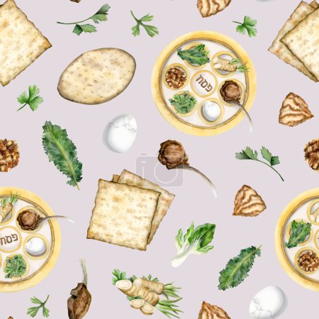 Photo for Watercolor Passover seder food and traditional round plate seamless pattern on dust pink background with kosher matzah for Jewish holiday designs, wrapping paper and tablecloths. - Royalty Free Image