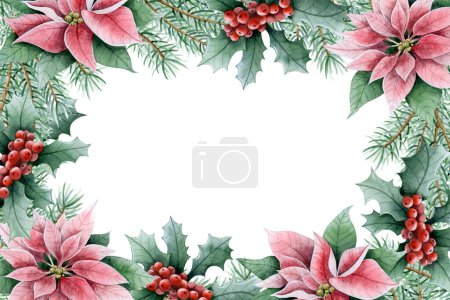 Photo for Watercolor poinsettia flowers, Christmas tree branches and red holly berries horizontal rectangular frame illustration in green and pink. Winter holidays template with copy space for greeting cards. - Royalty Free Image