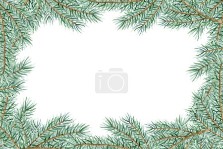 Téléchargez les photos : Modèle de bannière horizontale de branches d'arbre de Noël avec épinette de sapin avec branches de pin vert et espace de copie pour le texte. Cartes de voeux vacances d'hiver et invitations isolées sur blanc. - en image libre de droit