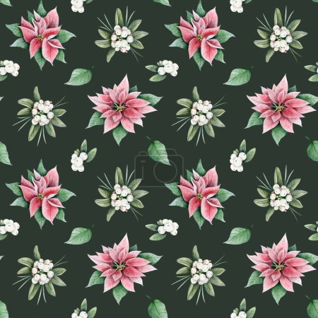 Poinsettia Christmas flower and snowberry berries with leaves watercolor seamless pattern on dark green background. Winter holidays florals in dust pink for greeting cards and wrapping paper.