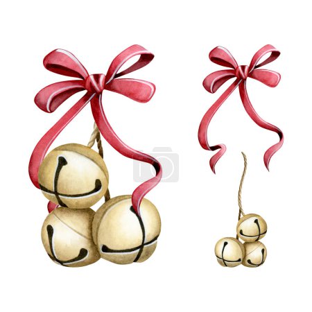 Photo for Christmas golden bells with red ribbon bow watercolor illustration set isolated on white background. Happy New Year ornament for winter holiday season. - Royalty Free Image