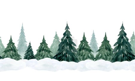 Téléchargez les photos : Sapins poussant dans la forêt de neige aquarelle frontière sans couture avec l'épinette de Noël isolé sur blanc pour les vacances d'hiver bannières horizontales et conceptions de paysage. - en image libre de droit