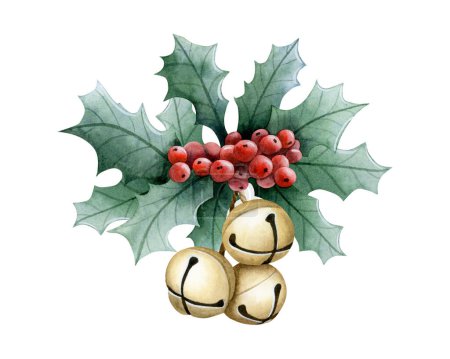 Photo for Christmas holly plant with gold jingle belles watercolor illustration isolated on white. Hand drawn winter holiday season symbols in green, red and yellow for greeting cards and New year banners. - Royalty Free Image