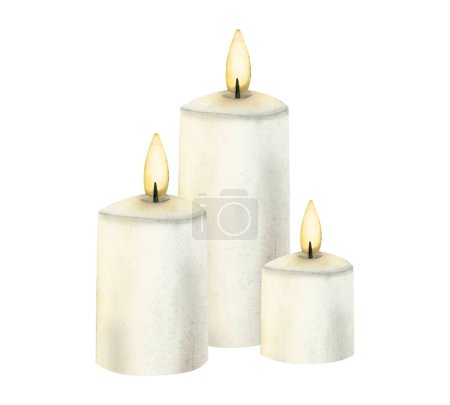 Photo for Three white Christmas candles with flame watercolor isolated illustration for New Year holiday greeting cards in simple realistic style. - Royalty Free Image