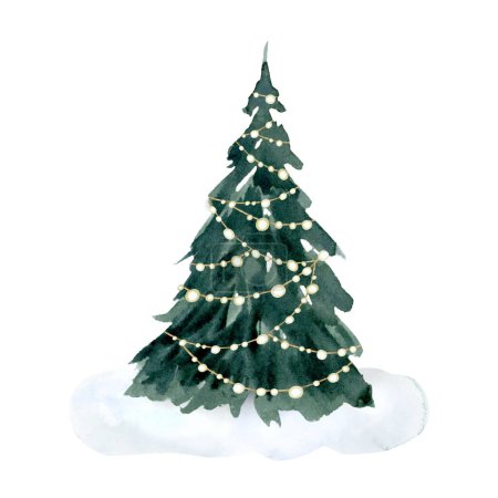 Foto de Árbol de Navidad creciendo en la nieve con luces guirnalda acuarela dibujo ilustración aislado sobre fondo blanco en estilo simple para tarjetas de felicitación Feliz Año Nuevo y diseños. - Imagen libre de derechos