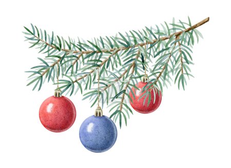 Photo for Red and blue Christmas balls ornaments on fir branch watercolor illustration isolated on white background. Hand drawn green spruce tree with hanging decorations for winter holidays greeting card. - Royalty Free Image