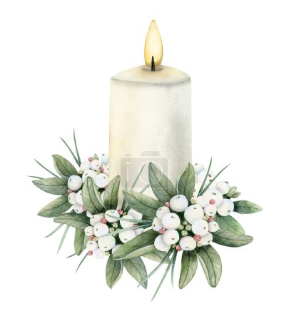 Photo for Christmas candle with winter snowberry branches and white berries watercolor isolated illustration for floral New Year holiday greeting cards in vintage style and colors. - Royalty Free Image