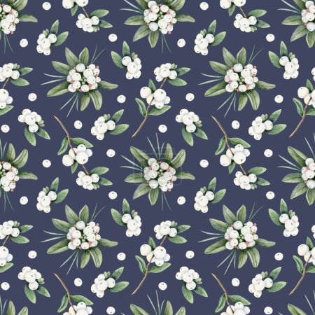 White berries branches with green leaves watercolor seamless pattern on navy blue background. Hand drawn Christmas snowberry plant for floral winter designs and holidays greeting cards.