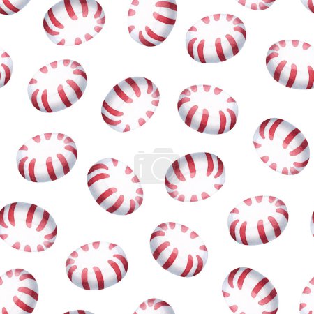 Téléchargez les photos : Bonbons de Noël rouges et blancs motif sans couture aquarelle sur fond blanc pour la saison des fêtes de Nouvel An, papier d'emballage de confiserie et textiles de fête. - en image libre de droit