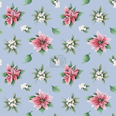Christmas flowers and plants in red pink and green watercolor seamless pattern on pastel blue background. Winter holidays florals, poinsettia nd white berries for greeting cards and wrapping paper.