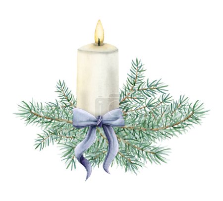 Photo for Christmas candle with blue bow ribbon on fir tree branches watercolor isolated illustration for New Year holiday greeting cards in vintage colors. - Royalty Free Image