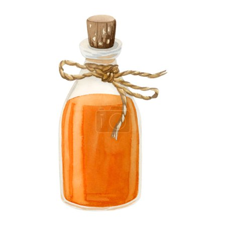 Photo for Orange oil of sea buckthorn berries in glass bottle with cork and decorative rope jute bow watercolor illustration isolated on white background. Organic herbal product for healthy lifestyle. - Royalty Free Image