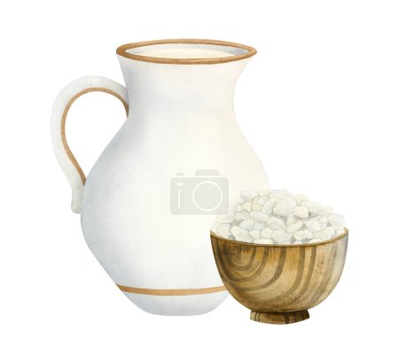 Foto de White jug full of milk with cottage cheese in wooden bowl watercolor illustration isolated on white background. Ceramic pitcher with dairy products for breakfast in rustic style, hand drawn clipart. - Imagen libre de derechos