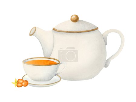 Sea buckthorn herbal tea in white ceramic teapot and cup watercolor isolated illustration with orange berries for tea packages, elegant party invitations, cafe menus and recipes with natural drinks.