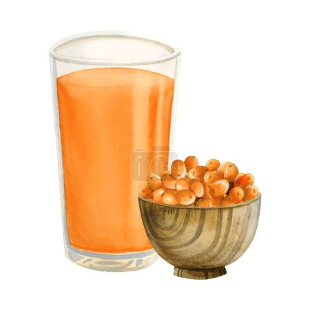 Sea buckthorn orange juice in glass with Hippophae berries in wooden bowl watercolor illustration isolated on white background. Hand drawn summer herbal drink in rustic style for organic beverage.