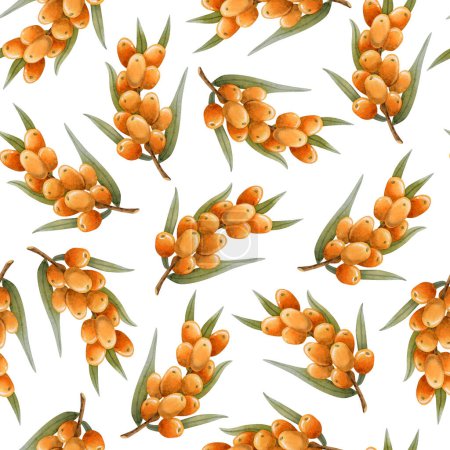 Photo for Fall watercolor seamless pattern with sea buckthorn branches on white. Botanical background for autumn in warm orange and green color for cosmetics or herbal products wrapping, wallpaper and textile. - Royalty Free Image