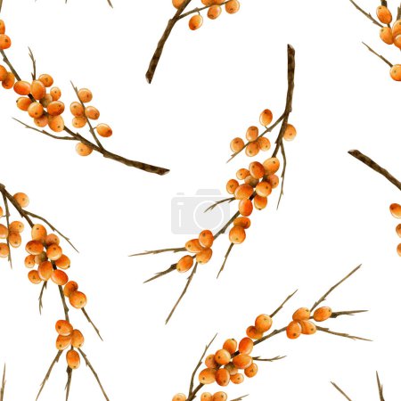 Photo for Fall sea buckthorn watercolor seamless pattern on white with orange berries on bare branches. Botanical autumn background in warm orange and brown colors for medical cosmetics and herbal products. - Royalty Free Image