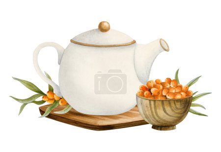 Photo for Watercolor teapot on wooden board with sea buckthorn berries in bowl watercolor isolated illustration for organic cafe menu, herbal tea packages and elegant rustic designs. - Royalty Free Image