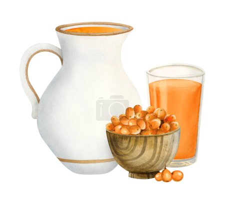 Watercolor sea buckthorn juice in white ceramic jug and glass with Hippophae berries in wooden bowl watercolor illustration isolated on white. Hand drawn healthy farm drink for rustic diet food.