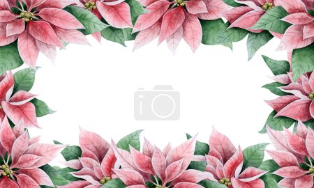 Photo for Vintage poinsettia flowers with green leaves square frame isolated watercolor illustration for Christmas greeting banners and cards. Winter holidays florals template with copy space for text. - Royalty Free Image