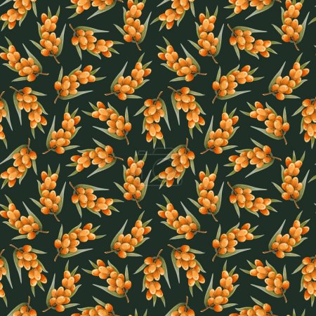 Photo for Fall orange berries watercolor seamless pattern with sea buckthorn branches on dark green. Autumn forest background in warm colors for cosmetics or herbal products wrapping, wallpaper and textile. - Royalty Free Image