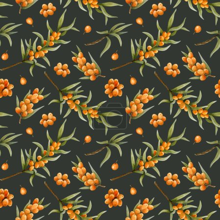 Photo for Watercolor sea buckthorn watercolor seamless pattern with branches and berries on dark dusty green. Botanical background for autumn in warm orange and green color for cosmetics or herbal products. - Royalty Free Image