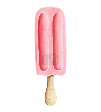 Photo for Pink fruit ice cream on wooden stick watercolor illustration isolated on white background. Summer cold dessert with watermelon or strawberry for simple popsicle designs. - Royalty Free Image