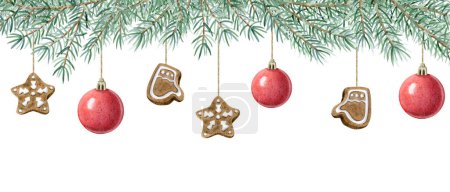 Photo for Pine tree branch with red Christmas balls and hanging gingerbread cookies ornaments watercolor illustration isolated on white. Horizontal upper banner with green spruce tree and New Year decorations. - Royalty Free Image