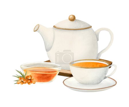 Teeparty mit weißer Teekanne, Kräutersanddornmarmelade und Orangentee in eleganter Tasse Aquarell isolierte Illustration für natürliche Bio-Getränke, vegane Café-Menüs und gesunde Getränke Rezepte.