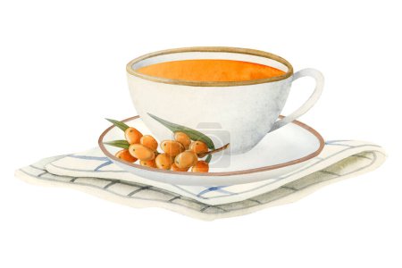 Herbal tea made of sea buckthorn in white cup with saucer and striped table napkin or towel watercolor illustration isolated on white. Orange berries for healthy recipes with natural drinks.