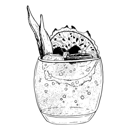 Foto de Cóctel de verano o limonada con rodajas de fruta de dragón, bayas y cubitos de hielo ilustración de dibujo de línea vectorial para el menú del restaurante. Bebida café tienda logo. - Imagen libre de derechos