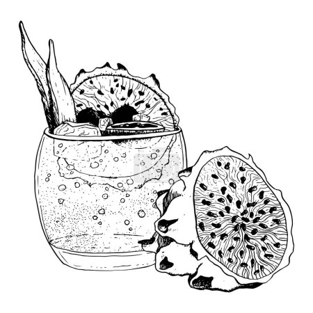 Illustration for Tropical lemonade drink cocktail with dragon fruit slice and half pitaya, berries and ice cubes vector line drawing black and white illustration for summer menu. - Royalty Free Image