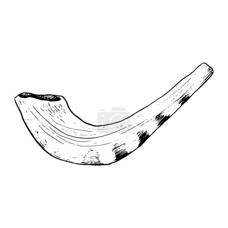Small shofar from ram horn for Rosh Hashanah and Yom Kippur vector graphic illustration in black and white. Jewish new year traditional symbol in sketch style.
