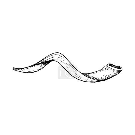 Vector long shofar horn for Rosh Hashanah and Yom Kippur graphic illustration. Jewish new year symbol in sketch black and white style for greeting cards and invitations.