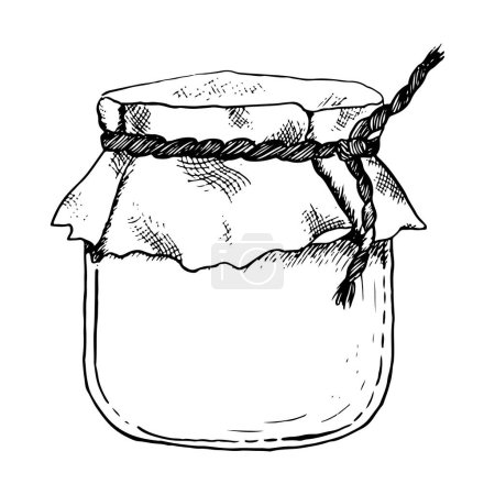 Illustration for Honey jar vector graphic illustration. Line drawing of pot with linen cloth cap and rope realistic clipart of natural organic healthy food, Rosh Hashanah designs. - Royalty Free Image