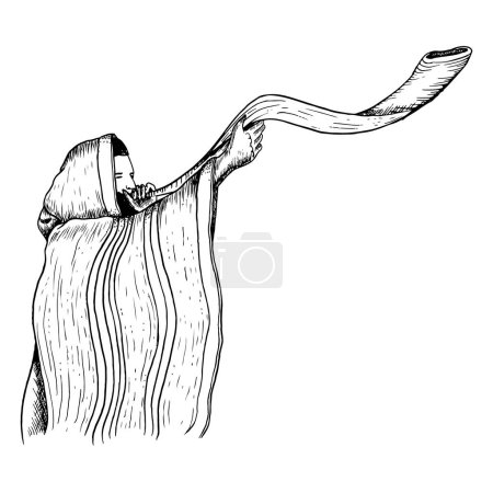 Illustration for Vector Jewish man in tallit blowing shofar on Yom Kippur and Rosh Hashanah holidays black and white graphic illustration. - Royalty Free Image