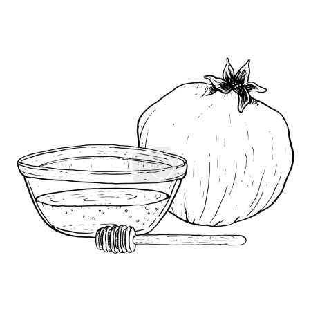 Ilustración de Vector de granada y miel en tazón de vidrio con cuchara de miel para Rosh Hashaná y Yom Kippur vacaciones. Ilustración gráfica de símbolos de año nuevo judío. - Imagen libre de derechos